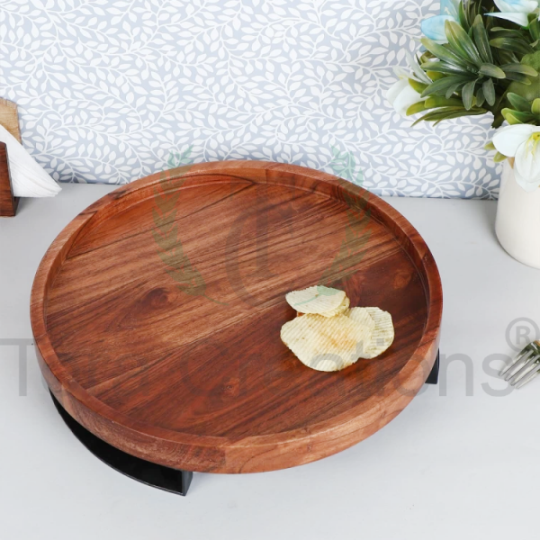 Round Acacia Wood & Metal Tray