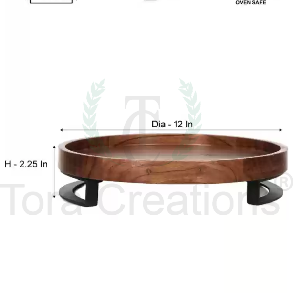 Round Acacia Wood & Metal Tray - Image 2