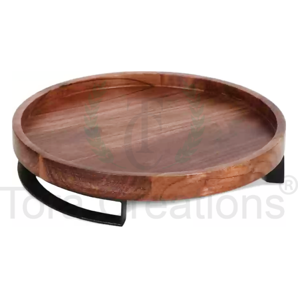 Round Acacia Wood & Metal Tray - Image 4
