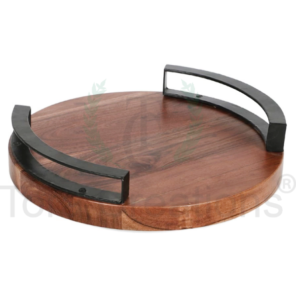 Round Acacia Wood & Metal Tray - Image 3